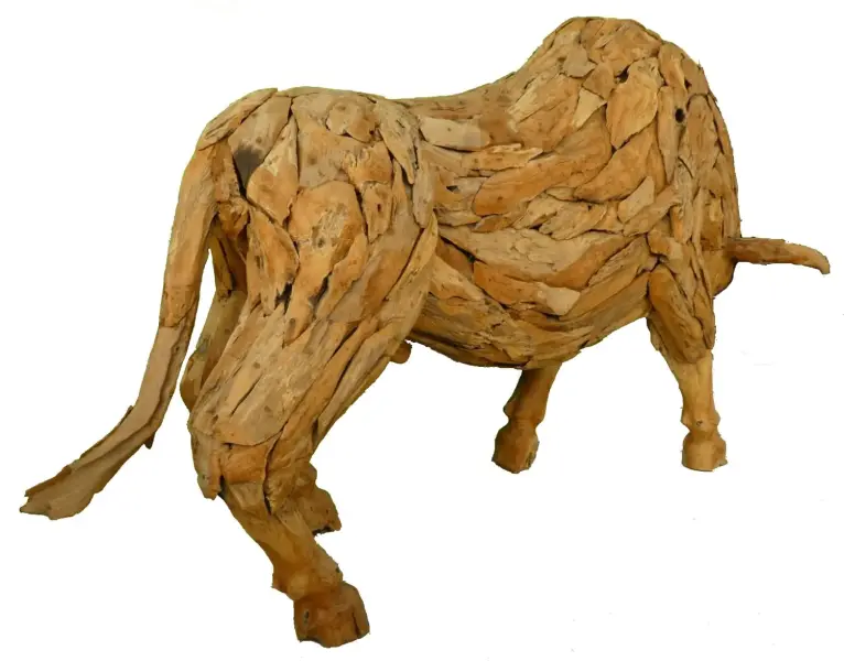 Product image of the product “Standing Bull, with his massive head down. Artistic made made from single teak wood pieces. The head is carved wood. About 220cm length. ”